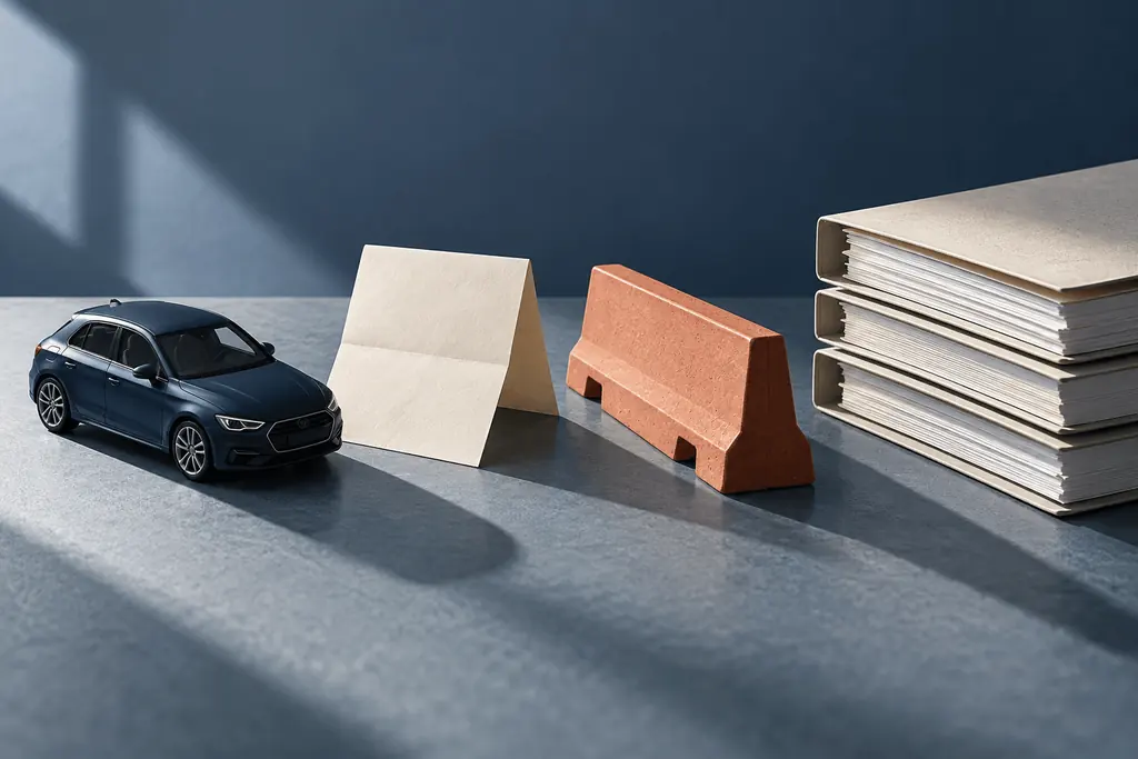 A navy model car and blank folded notice stand beside a terracotta barrier and cream folders.