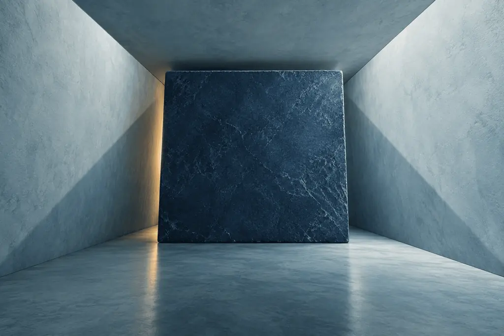 A dark blue stone block occupies a narrow room with pale blue walls.