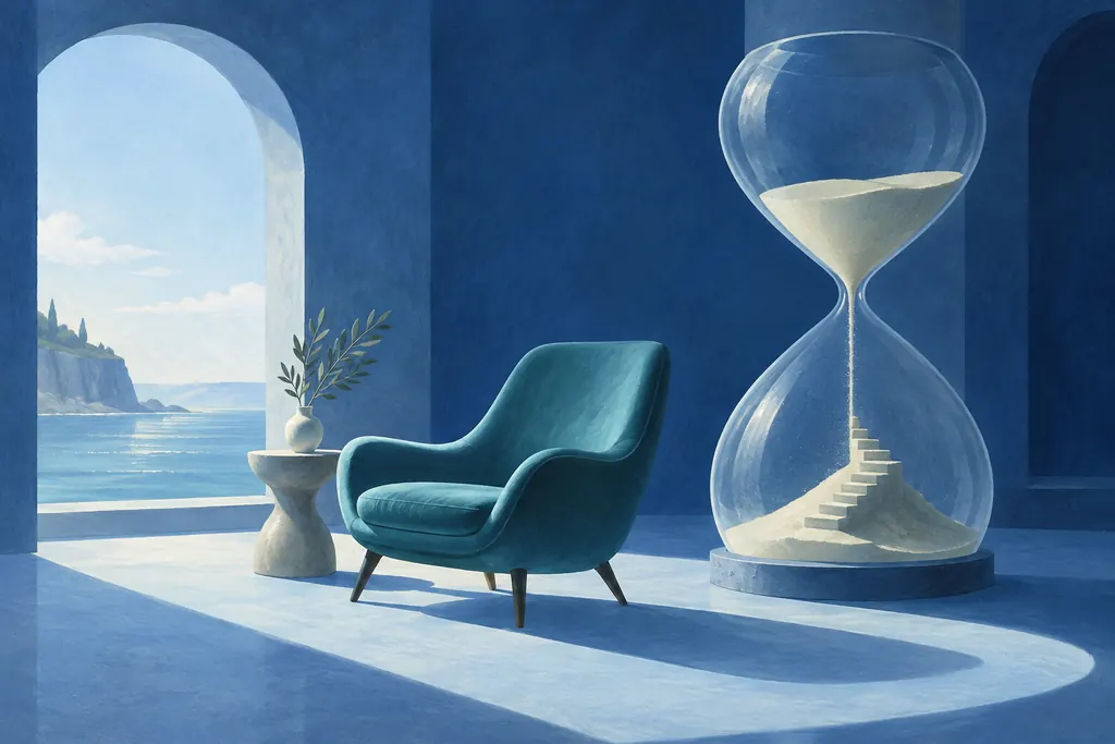 An empty teal armchair beside a large hourglass in a sunlit blue room.