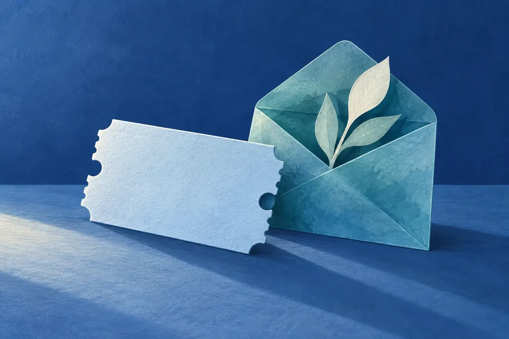 A blank pale-blue admission ticket rests beside a teal envelope holding paper leaves.