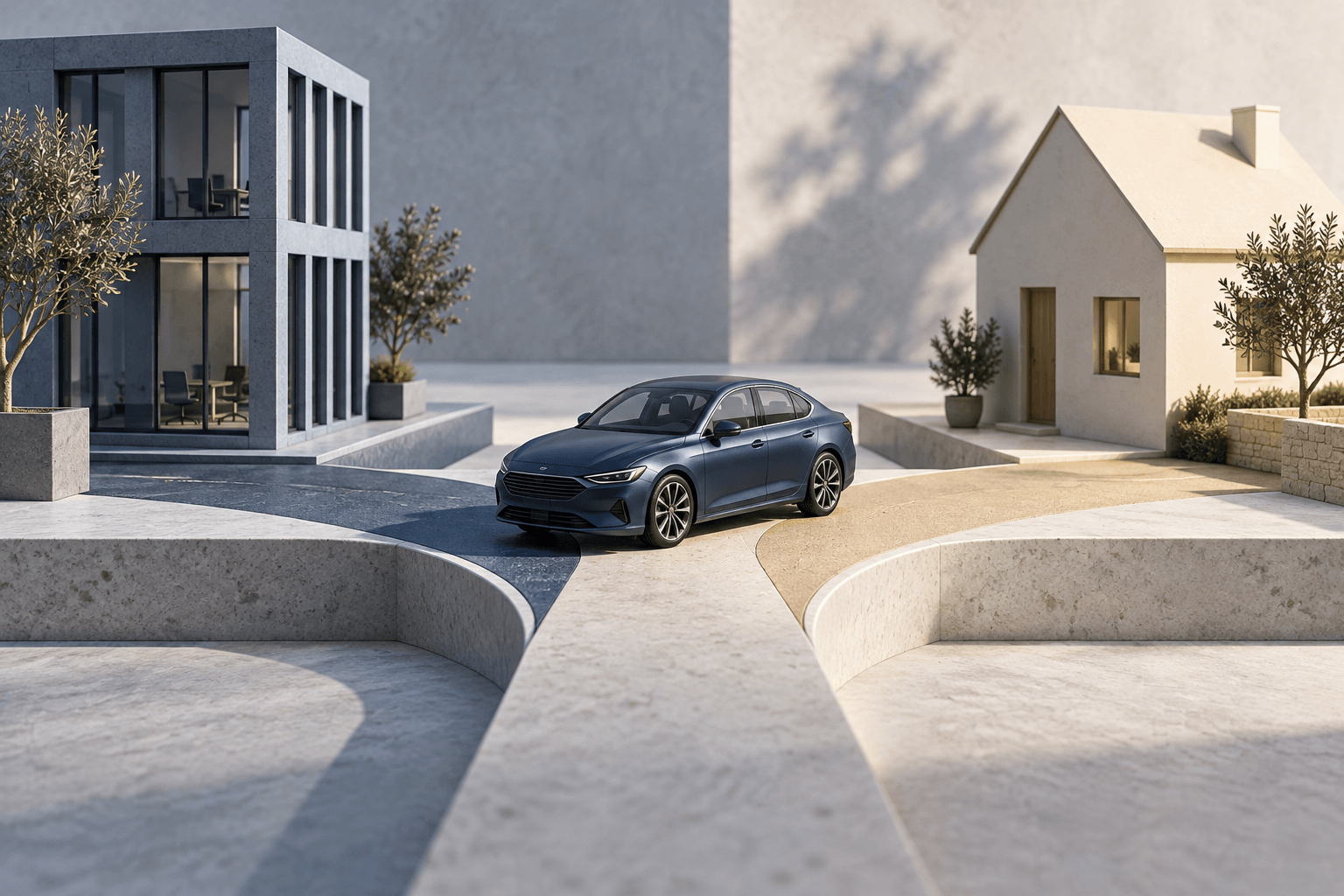 A navy miniature car stands where blue and sand-coloured paths meet between an office and a house.