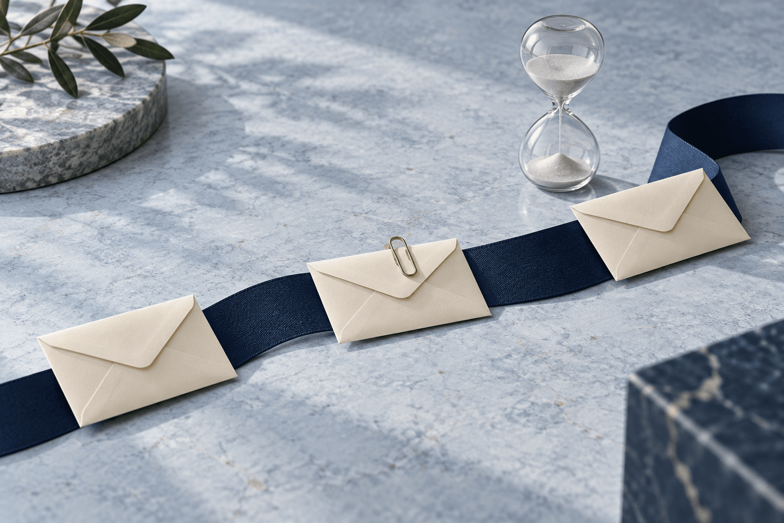Three cream envelopes lie along a navy ribbon beside a glass hourglass on a pale blue stone surface.