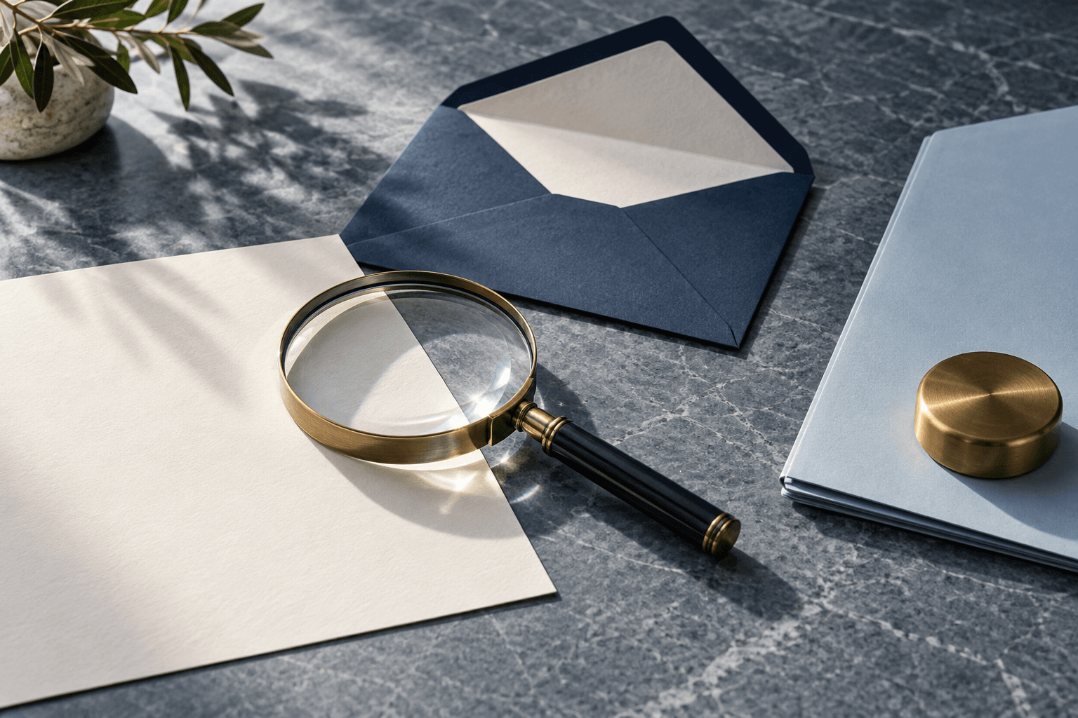 A magnifying glass rests on a cream sheet beside an open navy envelope and a pale blue folder.