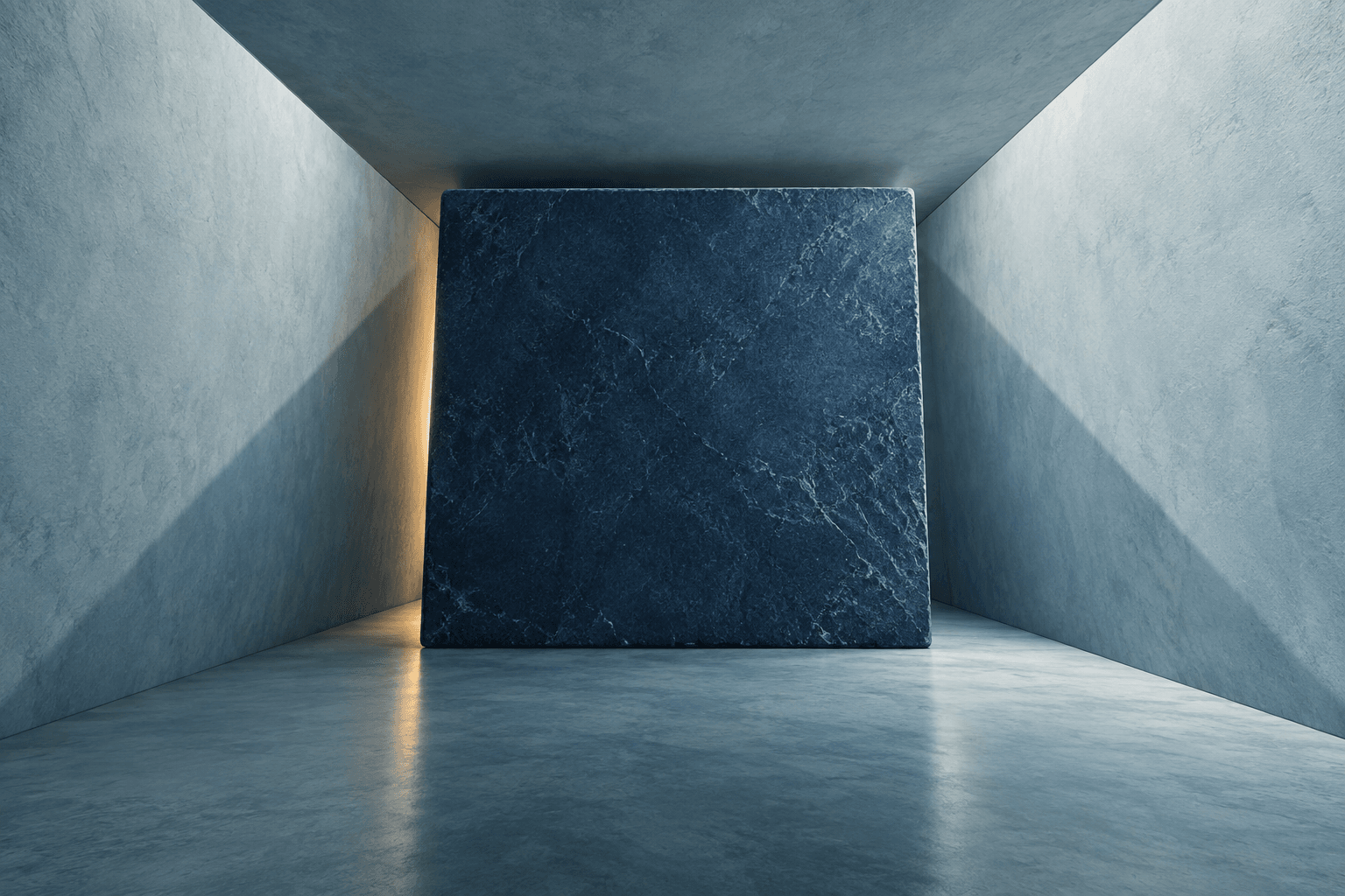 A dark blue stone block occupies a narrow room with pale blue walls.