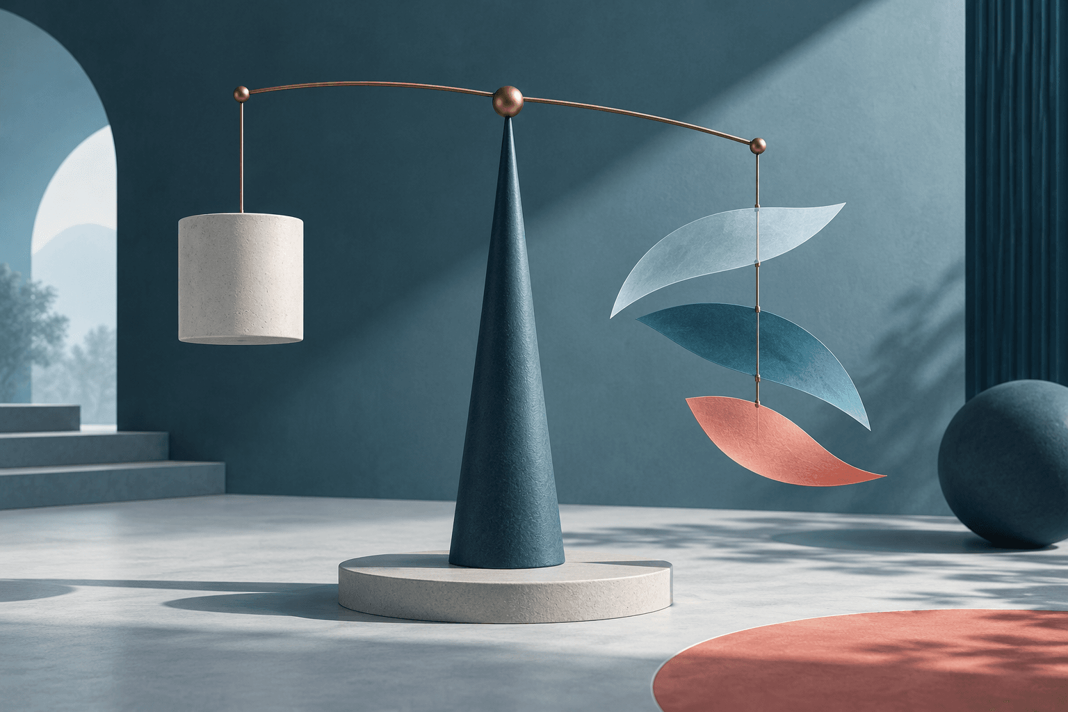 An abstract mobile balances a pale cylinder against layered teal and coral shapes.