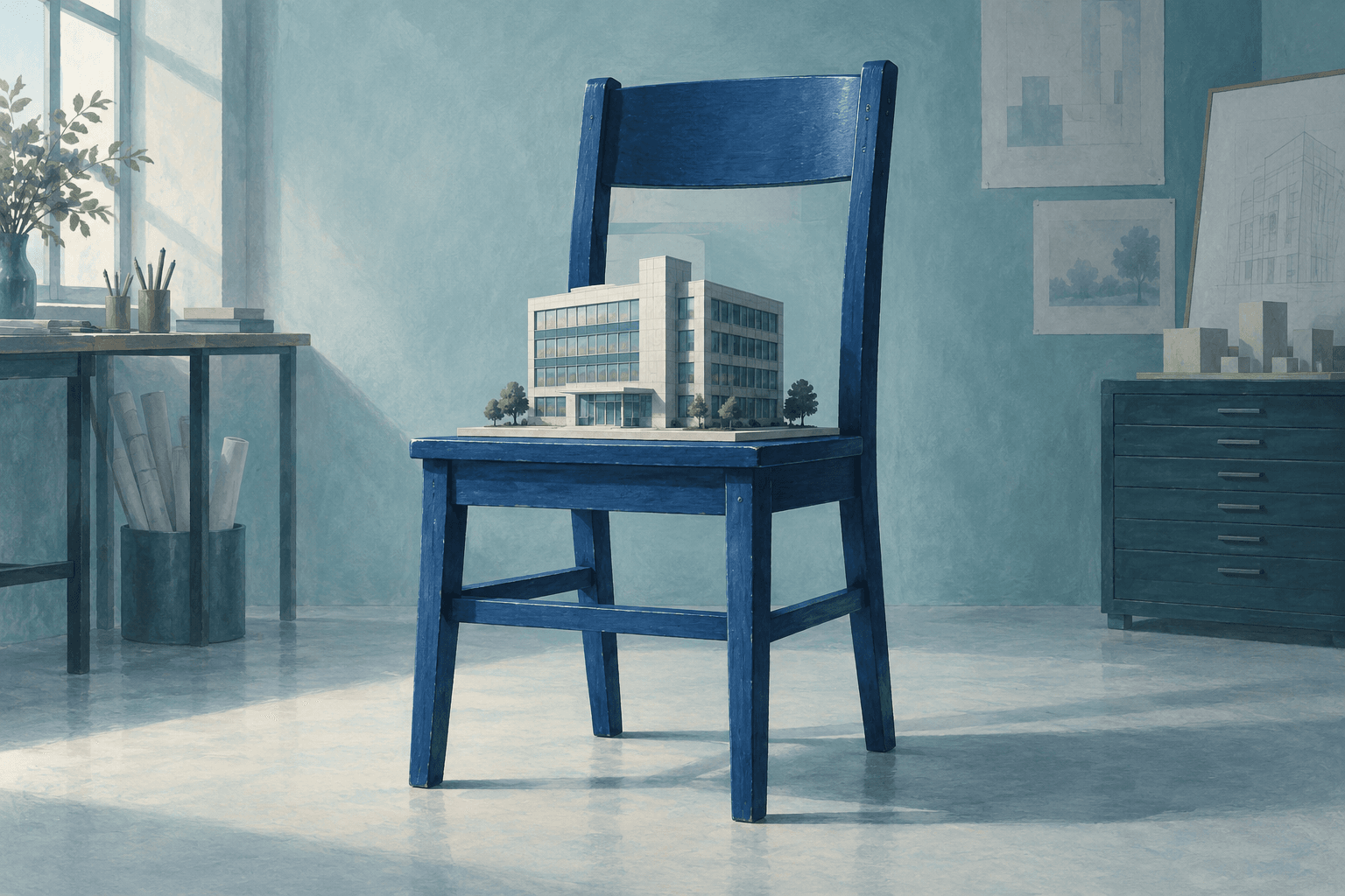 An empty blue chair supports a miniature building against a pale teal background.